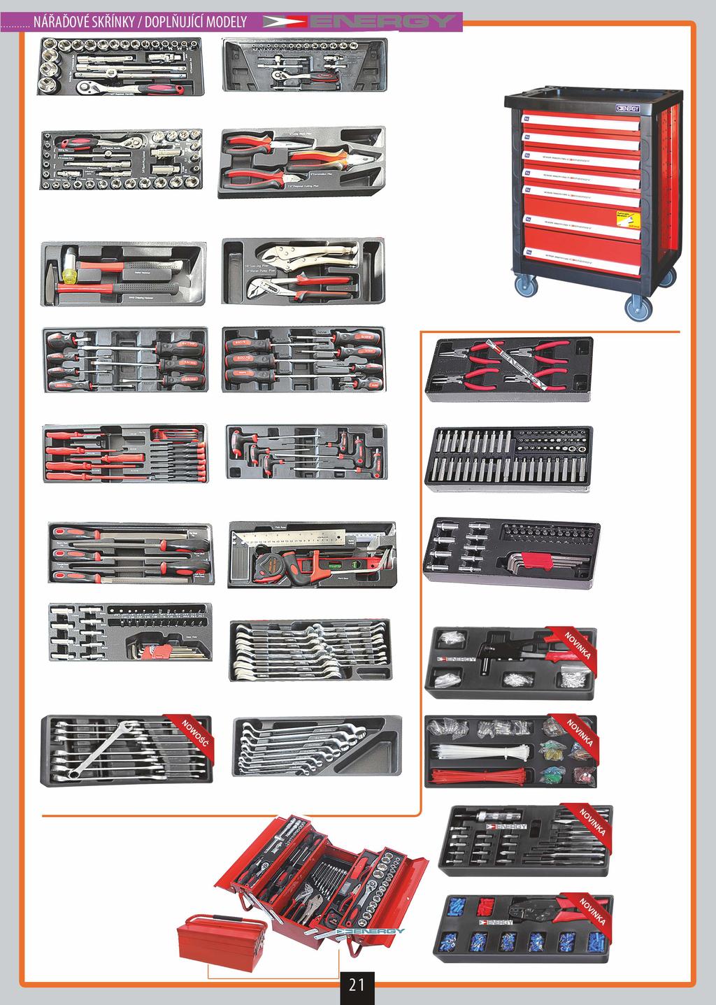 NE00200-1 Vložka 22 prvky: - řehtačka 1/2" - prodlužka 130 mm a 250 mm - otáčecí kolečko 250 mm - kloub 80 mm 1/2" -násadky: 1/2" 8,9,10,11,12,13,15,16,17,19,20,21,22,24,27,30,32 NE00200-2 Vložka 19