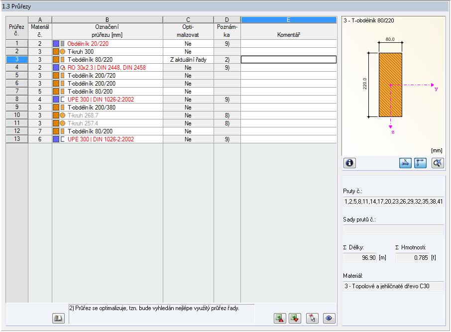 Posoudit lze pouze parametrické dřevěné průřezy z databáze (viz následující obrázek). Nové označení průřezu lze uvést také přímo v daném vstupním políčku.