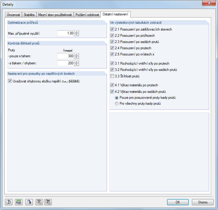 3 Výpočet 3.1.5 Ostatní nastavení Obr. 3.5: Dialog Detaily, záložka Ostatní nastavení Optimalizace průřezů Jako cíl optimalizace je předem nastaveno maximální 100 % využití.