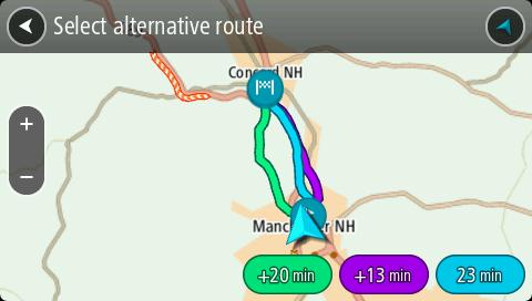 Tip: Při výpočtu alternativních tras se využívají informace ze služby TomTom Traffic. Trasy, které jsou časově o 50 % delší než původní trasa, se nezobrazí. 5. Zvolte vybranou trasu poklepáním na časovou bublinu.