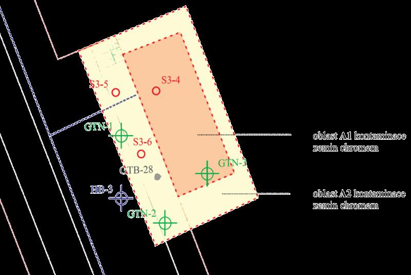 Kontaminace chromem v zeminách Nesaturovaná zóna: - Cr6+ cca 2 t, z toho 1,99 t v oblasti A1 = přímé podloží chromovny (plocha: 200 m2, hloubka: 18 m) - zbytek (0,07 t) v oblasti A2 = okolí chromovny