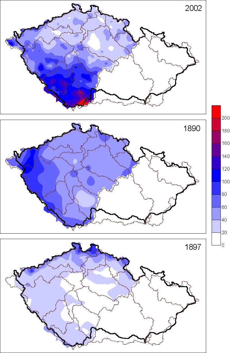 Obr. 1.1 Hodnoty API [mm] na území Čech pro případy povodní v povodí Vltavy v roce 2002 (ke dni 11. 8.),