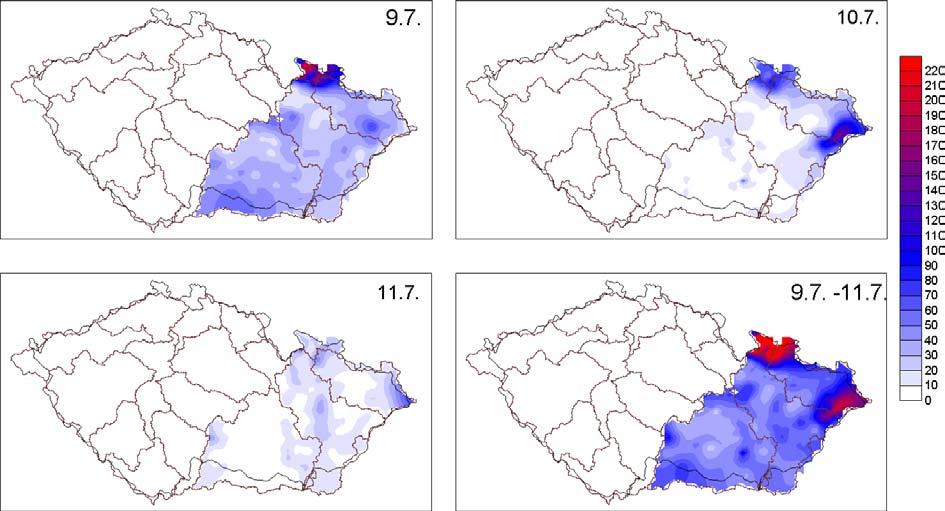 Obr. 1.5 Příčinné srážky [mm] na území Moravy v jednotlivých dnech 6. 8. 7. 1997 a jejich celkový úhrn.