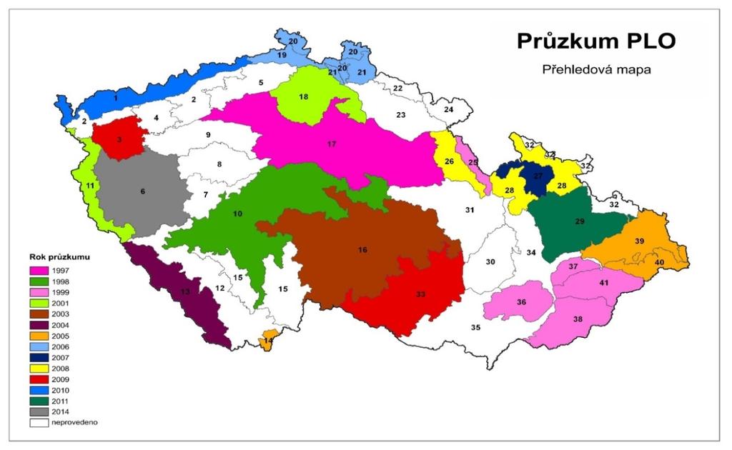 Obrázek 4: Průzkum výživy lesa přehledová mapa Kontrola kvality a účinnosti leteckého vápnění lesních porostů pokračovala v zavedeném desetiletém cyklu.