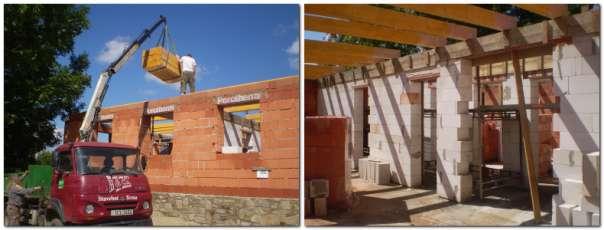 srpna vidíme, že hrubá stavba je před dokončením a začíná se pokládat dřevěná konstrukce stropních trámů a krovů.