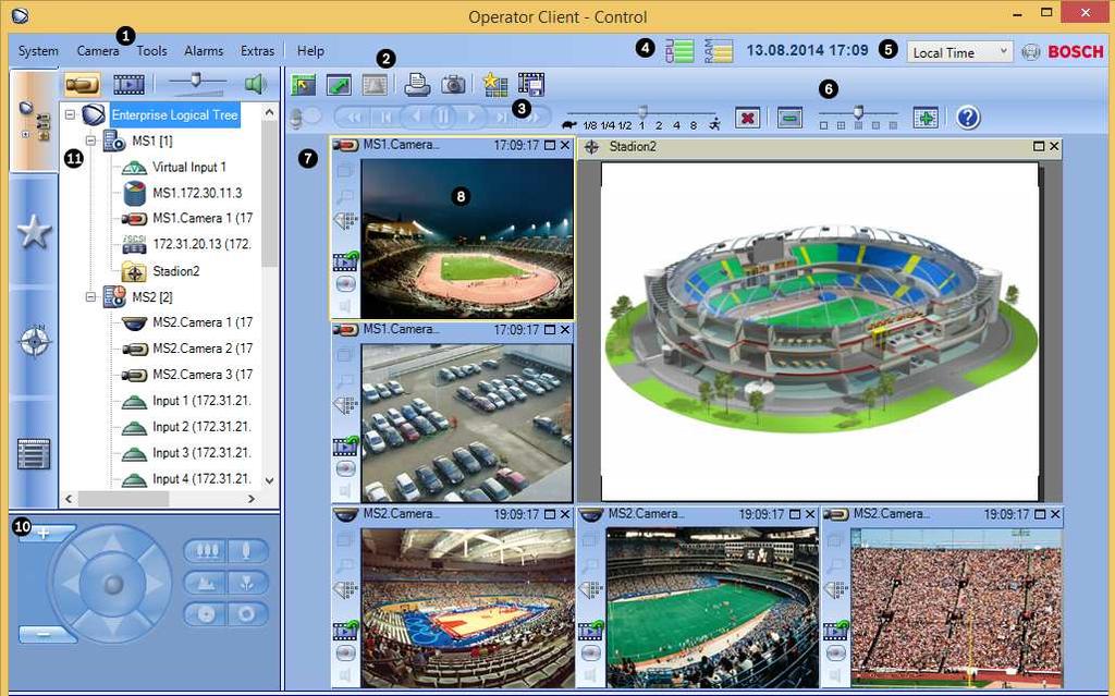 Bosch Video Management System Uživatelské rozhraní cs 37 9 Uživatelské rozhraní Poznámka! V tomto dokumentu jsou popsány některé funkce, které nejsou u systému Bosch VMS Viewer k dispozici.