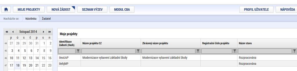 Dalšími tlačítky (kromě Moje projekty) v horním menu jsou Seznam výzev a Modul CBA (pro OPZ není CBA relevantní, žádosti o