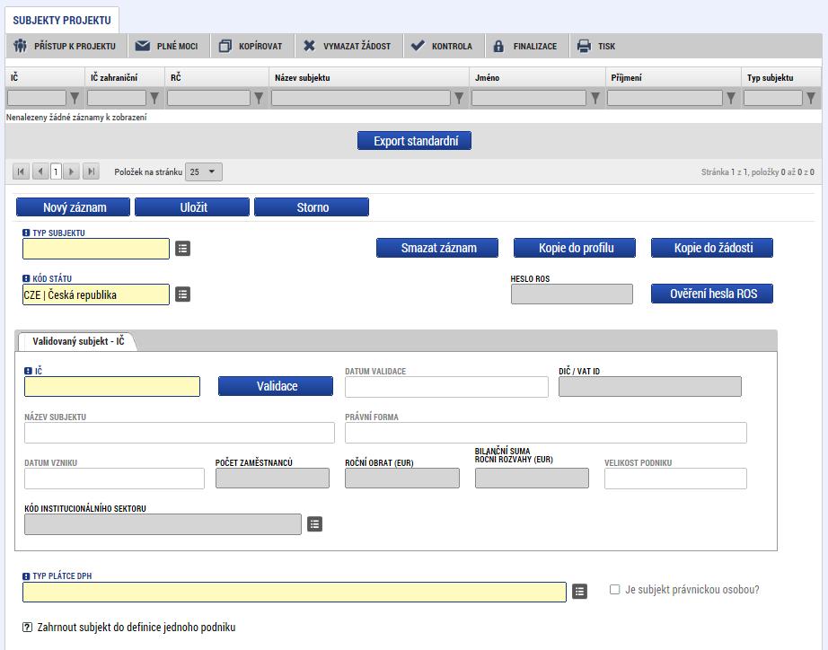 Snímek obrazovky se zobrazením záložky Subjekty projektu O výsledku validace na Základní registry informuje IS KP14+ uživatele hláškou.
