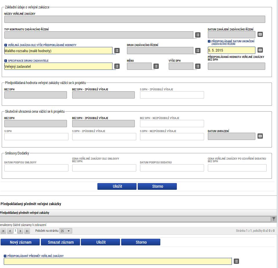 Snímek záložky Veřejné zakázky k načtení informací o zakázce do IS KP14+ (zakázka ve fázi plánovaná) Uložení údajů o zakázce Výběr kategorie předpokládaného předmětu zakázky.