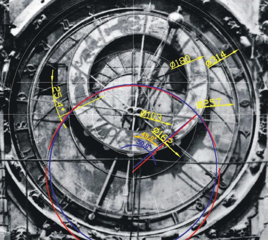 Obr. 2. Přenesení konstrukce astrolábu podle stereograﬁcké projekce s teoretickým sklonem zemské osy k ekliptice 25, 4 na fotograﬁi původního astrolábu (stav před rokem 1864).