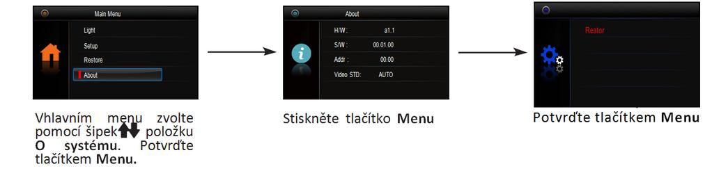 11. Pokročilé instalační nastavení 11.1 Návrat do továrních hodnot 11.2 Vstup do instalačního rozhraní Light Setup About H/W : a1.1 S/W : 00.01.00 Addr : 00.