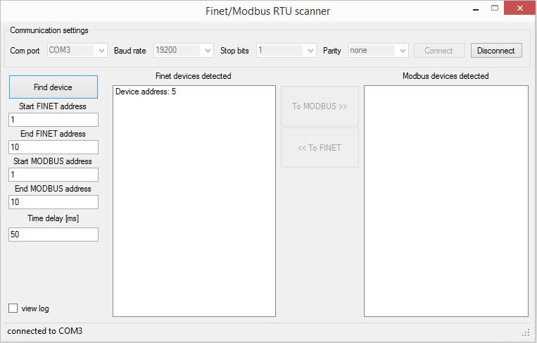 Příloha č.1 Pro změnu protokolu lze využít program Finet/Modbus RTU scanner. Program nalezne připojené zařízení na protokolu FINET nebo MODBUS RTU.