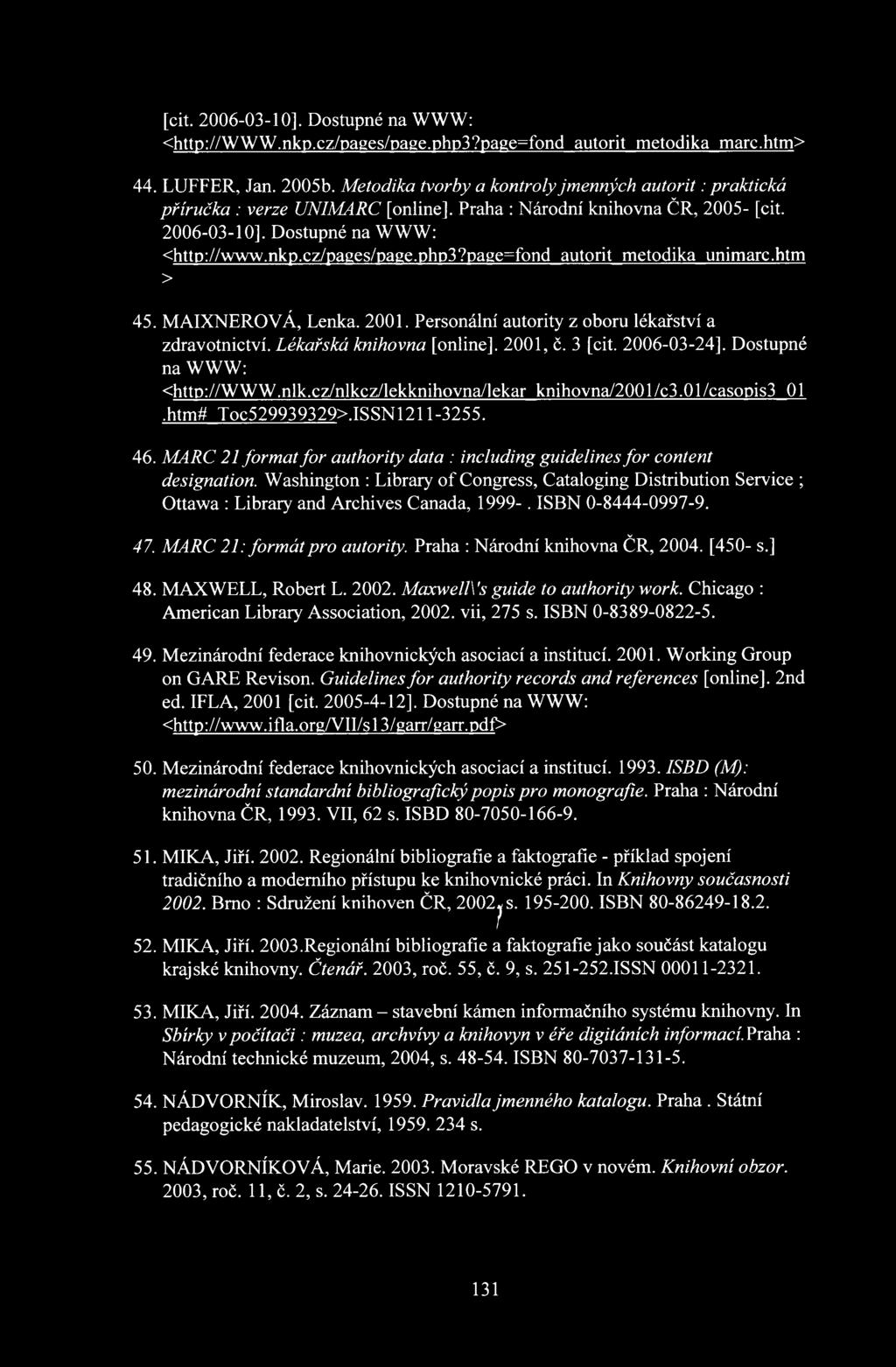 page=fond autorit metodika unimarc.htm > 45. MAIXNEROVÁ, Lenka. 2001. Personální autority z oboru lékařství a zdravotnictví. Lékařská knihovna [online]. 2001, č. 3 [cit.