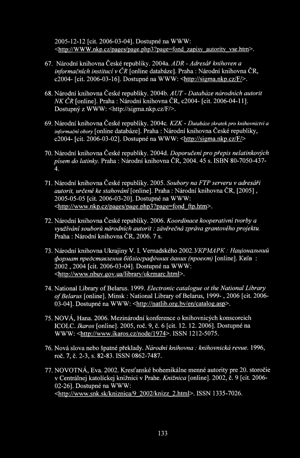 Národní knihovna České republiky. 2004b. AUT - Databáze národních autorit NK ČR [online]. Praha : Národní knihovna ČR, c2004- [cit. 2006-04-11]. Dostupný z WWW: <http://sigma.nkp.ez/f/>. 69.