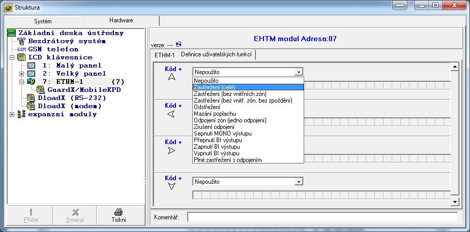 12 ETHM-1 Plus SATEL v programu DLOADX: okno Struktura tabulka Hardware položka Klávesnice [jméno modulu] tabulka Definice uživatelských funkcí (Obr. 7)
