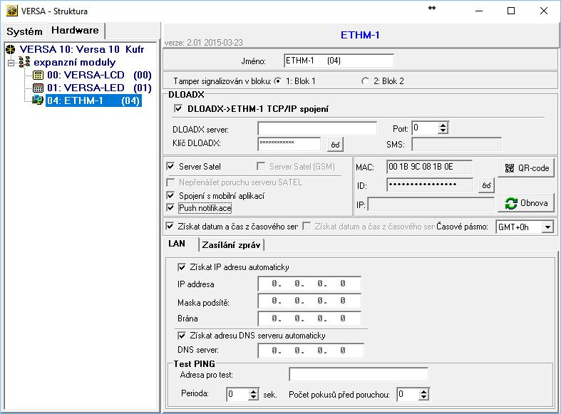 22 ETHM-1 Plus SATEL IP adresu přiřazenou modulu lze vyčíst pomocí uživatelské funkce VERZE EXPANDÉR na LCD klávesnici v menu TESTY.