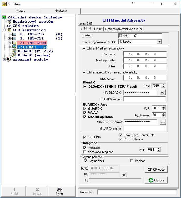 SATEL ETHM-1 Plus 7 Na klávesnici zabezpečovací ústředn, je funkce pro nastavení adresy počítače s programem DLOADX součástí uživatelského menu ve ZMĚNA NASTAVENÍ (dostupná servisu nebo