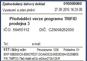 Pokud je v konfiguraci zapnuta volba Povolit přepínání režimu EET v Prodeji, lze zasílání dat EET dočasně vypnout a zase zapnout pro případy, kdy je přípustné některé doklady na EET zasílat a některé