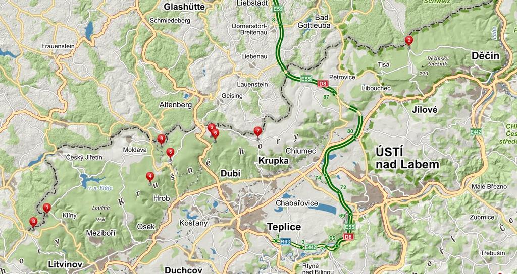 4 a Klíny. V druhé části pak byly vybrány 4 lokality - Fojtovice, Cínovec 2, Moldava a Mníšek. Hlavním záměrem je dlouhodobé sledování počtu a toku uživatelů jednotlivými lokalitami v čase.