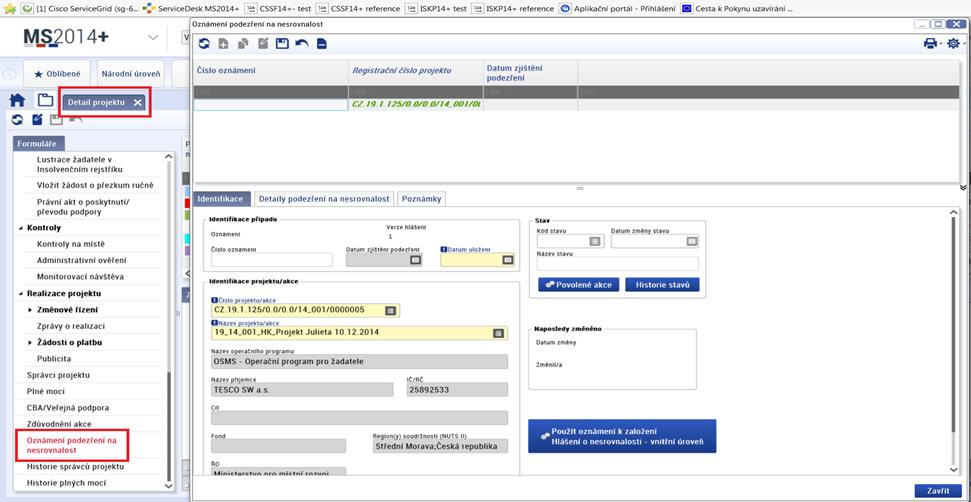 na nesrovnalost. Systém zobrazí daný formulář. Uživatel zvolí možnost založení nového záznamu prostřednictvím ikony Nový. Systém automaticky vyplní číslo a název projektu.