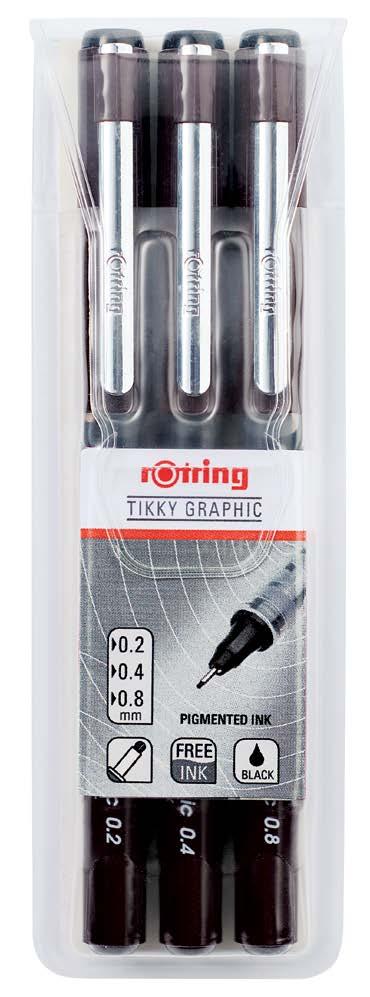Grafické linery a rysovacie dosky Tikky Graphic Liner obsahuje neblednúci a vodeodolný atrament s vysokým obsahom pigmentu.
