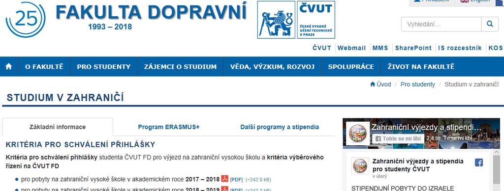 Zjištění informací o zahraničních programech Internetové stránky: Fakulta