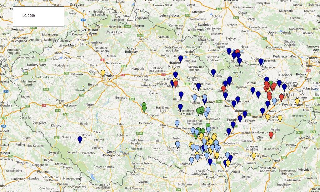 Obr. 2 - Geografické vyobrazení výsledků testování citlivosti blýskáčků na lambdacyhalothrin v roce 2009: stupně rezistence (st.