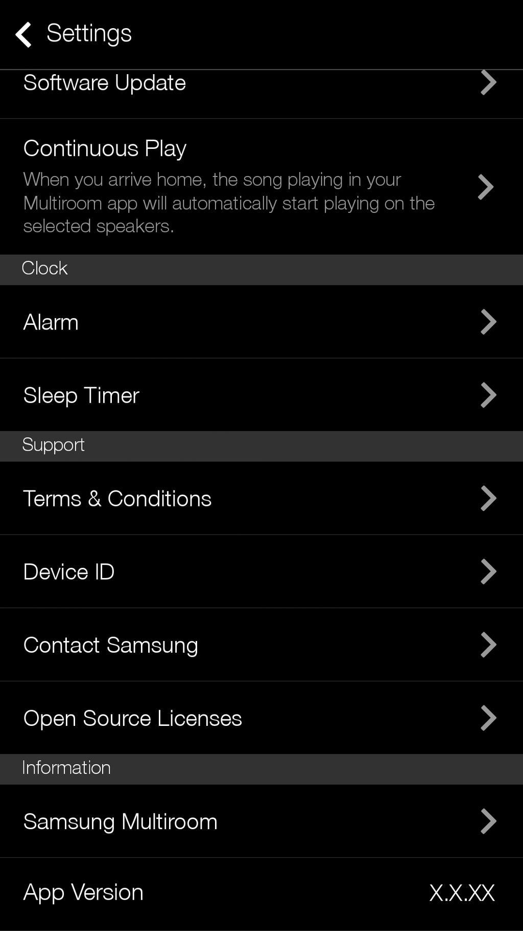 Podpora ``Terms & Conditions Zobrazení Terms & Conditions. `` Device ID Zobrazení Device ID. ``Contact Samsung Odkaz na webové stránky společnosti Samsung.