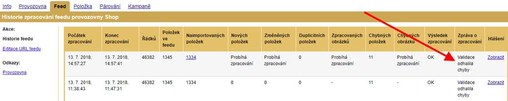 Dívám se do historie zpracování XML Feedu V záložce Feed najdete i historii zpravování.