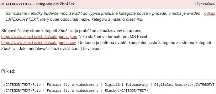 Co udělat pro zobrazení osamocené nabídky (karty, co není napárována) v kategorii zboží.cz? Posílat kategorie dle stromu Zboží.cz v tagu CATEGORYTEXT.