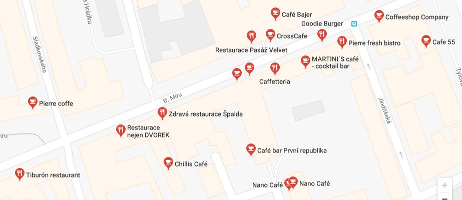 Obrázek 6: Mapy konkurence zdroj: [47] Čajovny, kavárny, restaurace a bary jsou velmi rozšířené podniky, a to především v lokalitě Třídy Míru, kde se bude nacházet Čajovna U Nefritového slona.