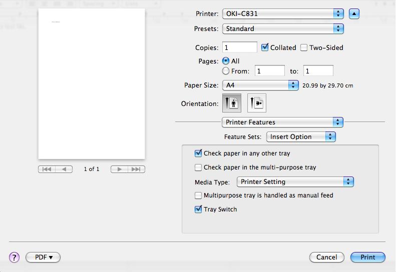 Ovladač tiskárny pro operační systém Mac OS X Panel [Funkce tiskárny] (Printer Features) Panel [Cover Page] (Cover Page) 1 Feature Sets (Feature Sets) Options (Options) Popis Nastavuje