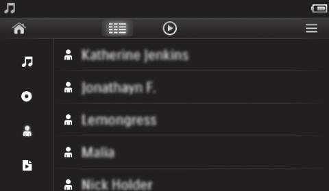 5 Hudba Přejděte do nabídky a přehrávejte hudbu z knihovny médií v přehrávači. Procházení hudební knihovny V nabídce jsou hudební soubory uspořádány podle metadat (informací o souboru).