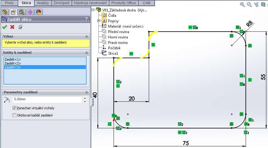 Akce: Dokončete skicu zbývajícím zaoblením rohů a jejich okótováním. Opakujte předcházející postup - Zaoblit entity.