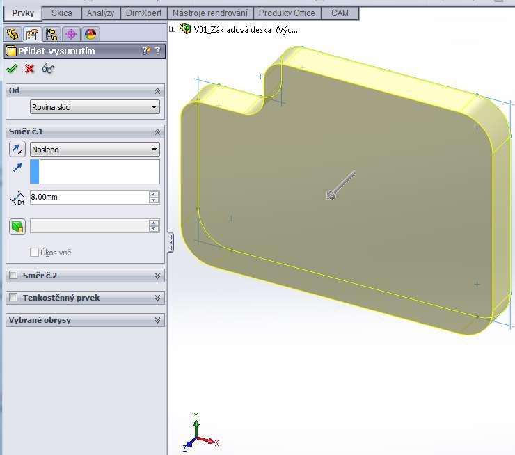 Nastavte parametry vysunutí skici viz obrázek Směr vysunutí lze do