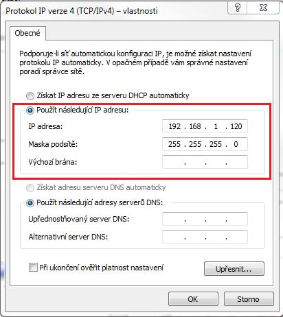 2. Objeví se další dialogové okno, ve kterém nastavíme pevnou IP adresu počítače.