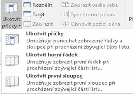 kurzor do sloupce A na první řádek tabulky, kde jsou umístěna data (pod řádek s nadpisem), klepnete na tlačítko Ukotvit příčky (karta Zobrazení, skupina Lupa) a použijete příkaz Ukotvit příčky.