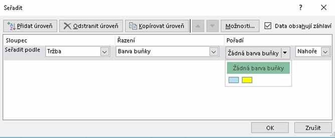 7: Řazení podle barvy buňky 1. Označíte některou buňku v tabulce a zobrazíte dialogové okno pro řazení. 2.