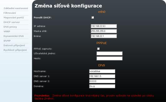 3.4 Nastavení sítě Základní nastavení V této části je možné nastavit nejen IP adresu pro zařízení 2N OfficeRoute ale i ostatní parametry síťového rozhraní.