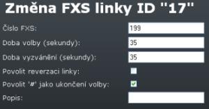 Obrázek 3.42: Změna parametrů FXS linky Číslo FXS Číslo FXS linky. Doba volby (sekundy) Čas pro volbu první číslice. Doba vyzvánění (sekundy) Doba vyzvánění FXS linky pro příchozí hovor.