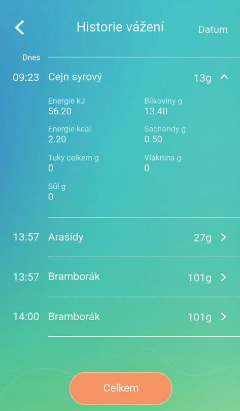 Záznam histórie merania Ako náhle kliknete na príslušnú položku v menu, dostanete sa na chronologicky zoradený výpis histórie váženia.
