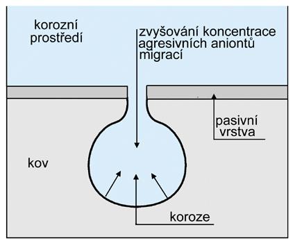 3.3.2. Bodová koroze Bodová koroze je lokalizovaný korozní děj, při kterém vznikají na kovovém povrchu hluboké důlky a okolní povrch zůstává bez pozorovatelného napadení (obr. 5.).