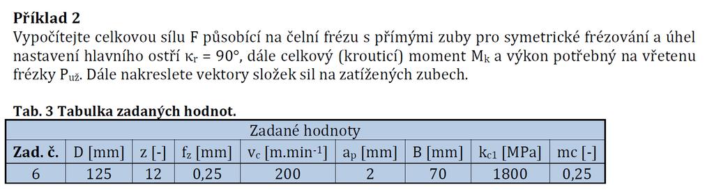 3.) Celková síla působící na čelní frézu, celkový moment a výkon potřebný na vřetenu frézky. Obr. 17.