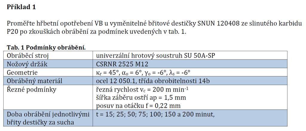 2.) Opotřebení břitové destičky Strana VBD (označení břitu) ř Řezná rychlost Šířka záběru ostří Posuv na otáčku Čas