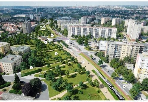 Obrázek G4: Fotografie vizualizace tramvajové zastávky Hlavní Zdroj: (10) Nová tramvajová trať ze zastávky Hlavní pokračuje podél ulice Senohrabská jihovýchodním směrem k Jižnímu městu.