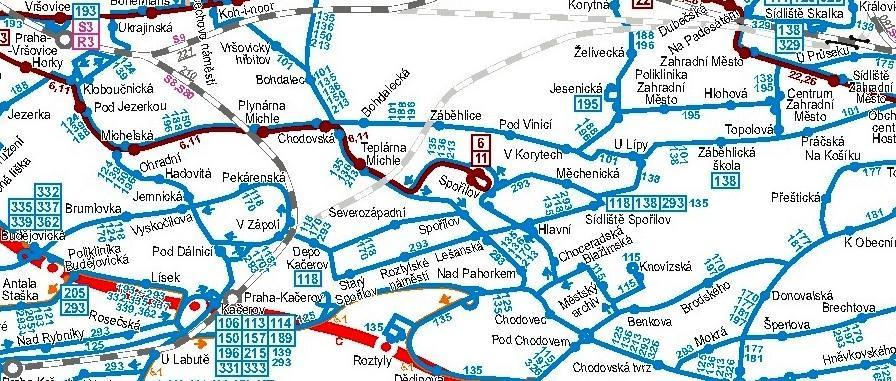 Obrázek 2: Schéma denního linkového vedení v analyzovaných lokalitách Zdroj: (1) Denní obslužnost zajišťují tramvajové linky č. 11 a 14. Noční dopravu zajišťuje tramvajová linka č.