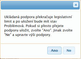 Obrázek 20. Upozornění při založení nové podpory Po uložení dat nové podpory provede systém validaci dat podpory, provede případné nastavení příznaků u podpory a stav podpory.