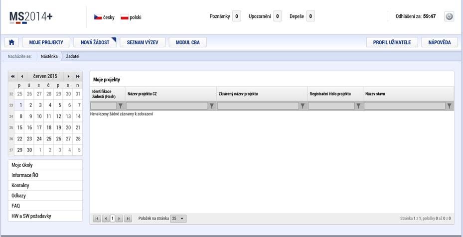 1.1.2 Založení projektu Po kliknutí na záložku Žadatel se zobrazí základní plocha s Moje projekty a novými záložkami Moje projekty; Nová žádost; Seznam výzev; Modul CBA.