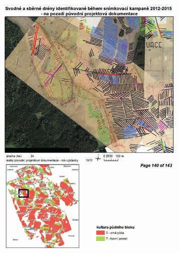 Obr. 90 ukázka mapových výstupů zpracovaných na základě vyvíjené metody identifikace DS pomocí DPZ, zejména RPAS (více Tlapáková, 2015) vektorizované linie drénů ze snímků pořízených v různých