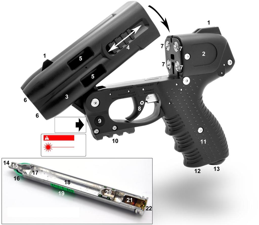 PŘEHLED PRODUKTU JPX4 Law Enforcement ZAMEZTE EXPOZICI LASEROVÉ ZÁŘENÍ VYCHÁZÍ Z TOHOTO OTVORU NEBEZPEČÍ LASEROVÉ ZÁŘENÍ ZAMEZTE PŘÍMÉ EXPOZICI OČÍ NEJVYŠŠÍ VÝKON 5 mw VLNOVÁ DÉLKA 635 nm LASER TŘÍDY